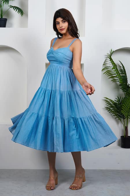 Taro Blue Cotton Sweetheart Neck Pacific Dress Online at Aza Fashions Taro_Blue Cotton Sweetheart Neck Pacific Dress_Online_at_Aza_Fashions
