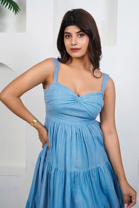 Buy Taro Blue Cotton Sweetheart Neck Pacific Dress Online at Aza Fashions Buy_Taro_Blue Cotton Sweetheart Neck Pacific Dress_Online_at_Aza_Fashions