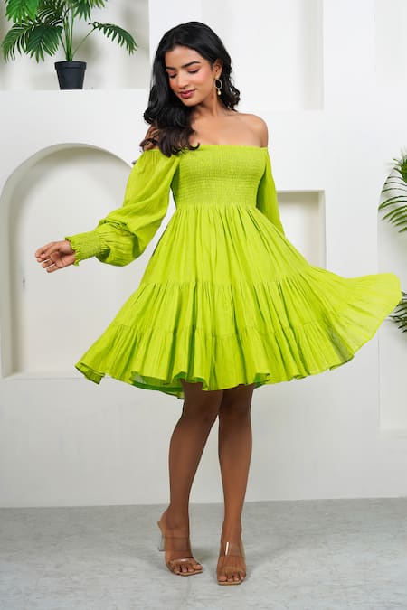 Taro Green Cotton Off-shoulder Sheen Dress