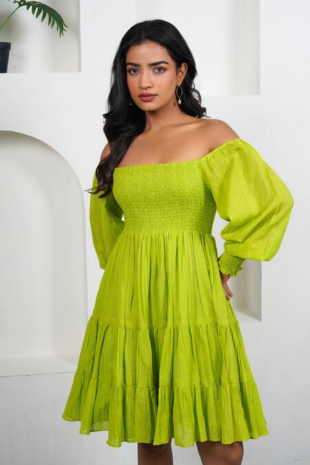 Taro_Green Cotton Off-shoulder Sheen Dress_Online_at_Aza_Fashions