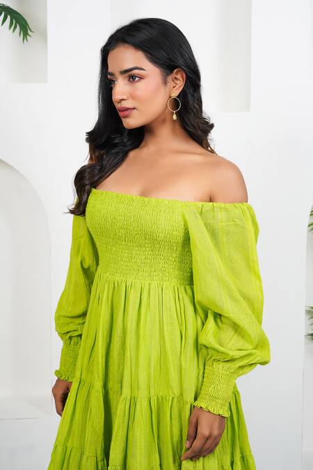 Buy_Taro_Green Cotton Off-shoulder Sheen Dress_Online_at_Aza_Fashions