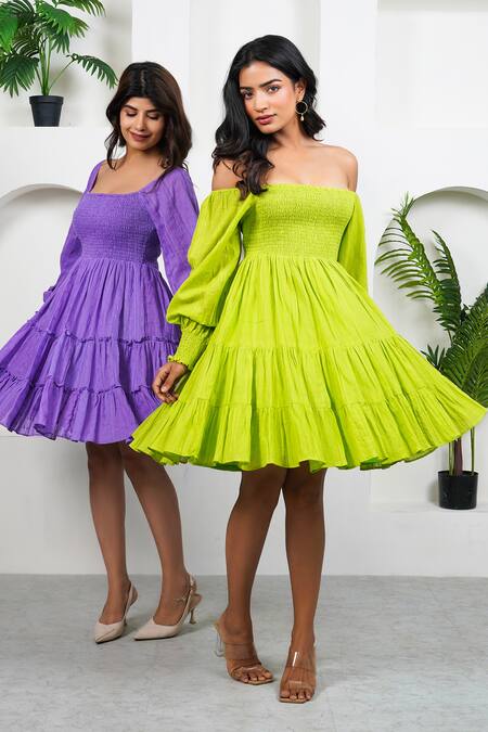 Shop_Taro_Green Cotton Off-shoulder Sheen Dress_Online_at_Aza_Fashions