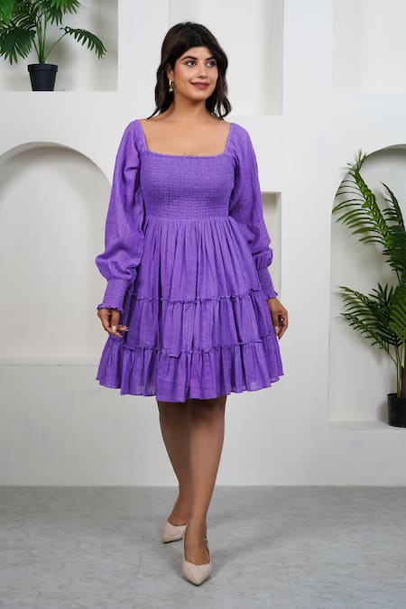 Buy_Taro_Lilac Cotton Square Neck Tier Dress_Online_at_Aza_Fashions