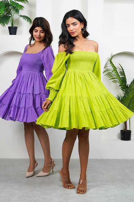 Shop_Taro_Lilac Cotton Square Neck Tier Dress_Online_at_Aza_Fashions