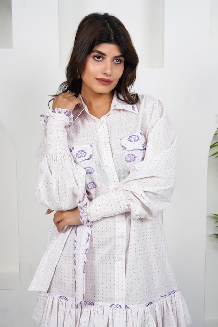 Buy_Taro_White Cotton Embroidery Collared Icy Flamingo Hand Block Printed Dress _Online_at_Aza_Fashions