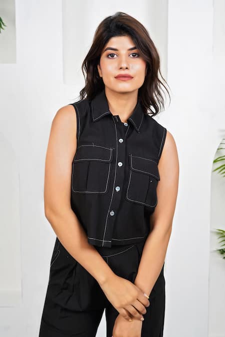 Buy Taro Black Cotton Collared Boxy Co-ord Set Online at Aza Fashions Buy_Taro_Black Cotton Collared Boxy Co-ord Set _Online_at_Aza_Fashions