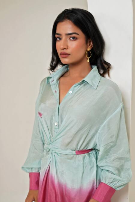 Taro_Mint Cotton Embroidery Collared Fuscia Co-ord Set _Online_at_Aza_Fashions