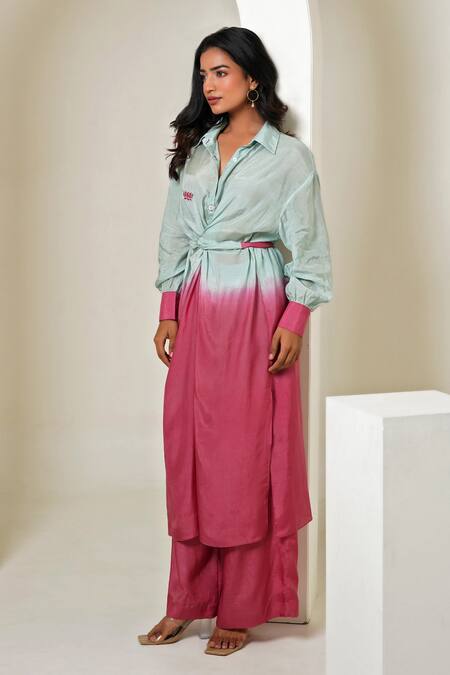 Buy_Taro_Mint Cotton Embroidery Collared Fuscia Co-ord Set _Online_at_Aza_Fashions