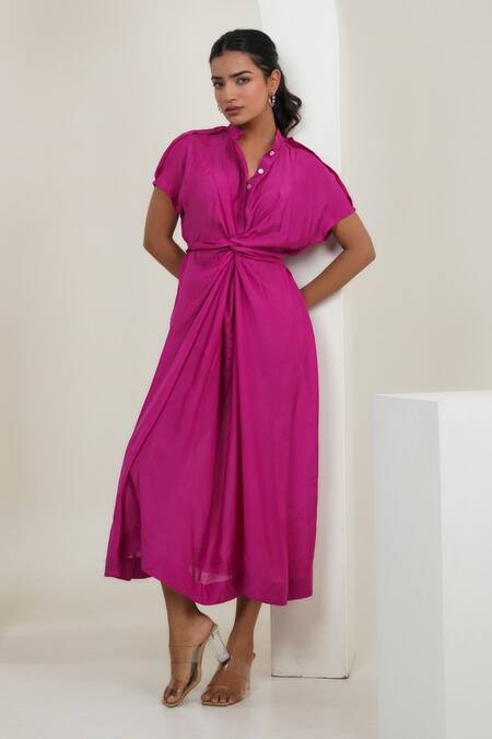 Taro_Pink Cotton Collared Fuscia Knotted Dress _Online_at_Aza_Fashions