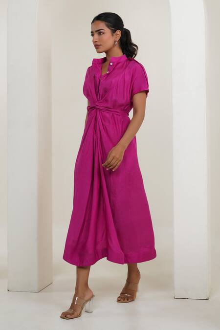 Buy_Taro_Pink Cotton Collared Fuscia Knotted Dress _Online_at_Aza_Fashions
