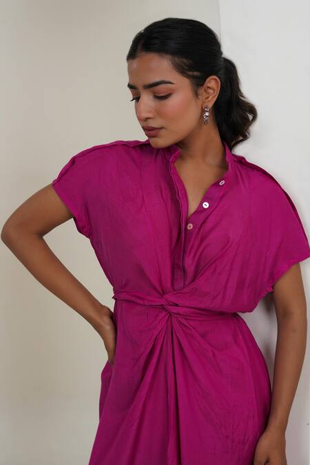 Shop_Taro_Pink Cotton Collared Fuscia Knotted Dress _Online_at_Aza_Fashions