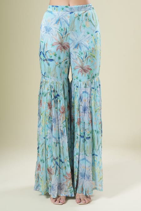 Buy_Samyukta Singhania_Blue Chiffon, Georgette Embroidery Round , Open Cape Gharara Set _Online_at_Aza_Fashions