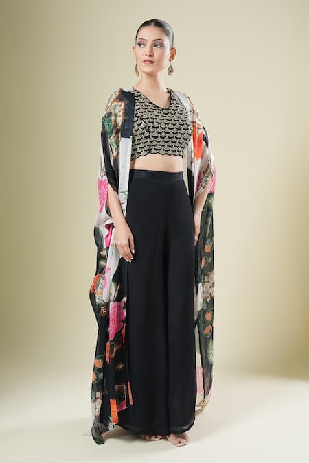 Samyukta Singhania Black Chiffon, Georgette Embroidery Round , Open Cape Set Online at Aza Fashions Samyukta Singhania_Black Chiffon, Georgette Embroidery Round , Open Cape Set _Online_at_Aza_Fashions