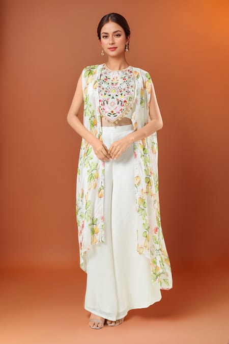 Samyukta Singhania Embroidered Off White Blouse & Palazzo Set 