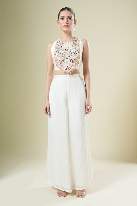 Buy Samyukta Singhania Off White Chiffon, Georgette Embroidery Round Neck, Open Blouse And Palazzo Set Online at Aza Fashions Buy_Samyukta Singhania_Off White Chiffon, Georgette Embroidery Round Neck, Open Blouse And Palazzo Set _Online_at_Aza_Fashions