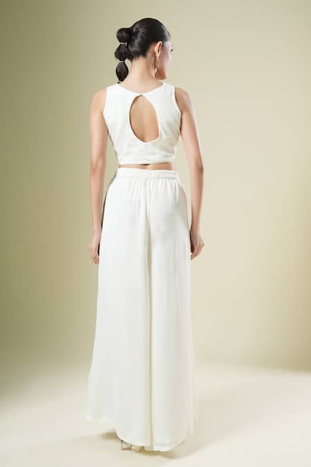 Shop Samyukta Singhania Off White Chiffon, Georgette Embroidery Round Neck, Open Blouse And Palazzo Set Online at Aza Fashions Shop_Samyukta Singhania_Off White Chiffon, Georgette Embroidery Round Neck, Open Blouse And Palazzo Set _Online_at_Aza_Fashions