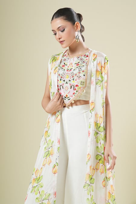 Samyukta Singhania Off White Chiffon, Georgette Embroidery Round Neck, Open Blouse And Palazzo Set at Aza Fashions Samyukta Singhania_Off White Chiffon, Georgette Embroidery Round Neck, Open Blouse And Palazzo Set _at_Aza_Fashions