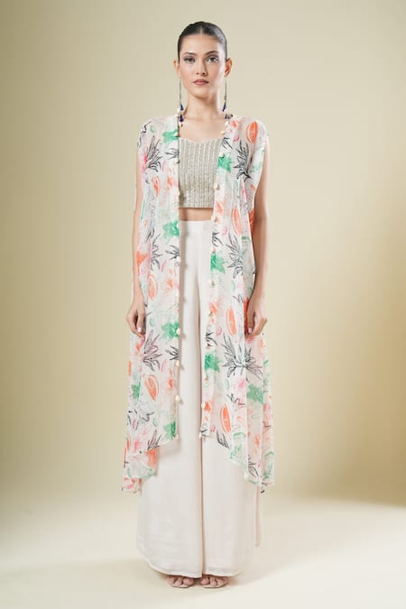 Buy Samyukta Singhania Off White Chiffon, Georgette Embroidery Round , Open Cape And Palazzo Set Online at Aza Fashions Buy_Samyukta Singhania_Off White Chiffon, Georgette Embroidery Round , Open Cape And Palazzo Set _Online_at_Aza_Fashions