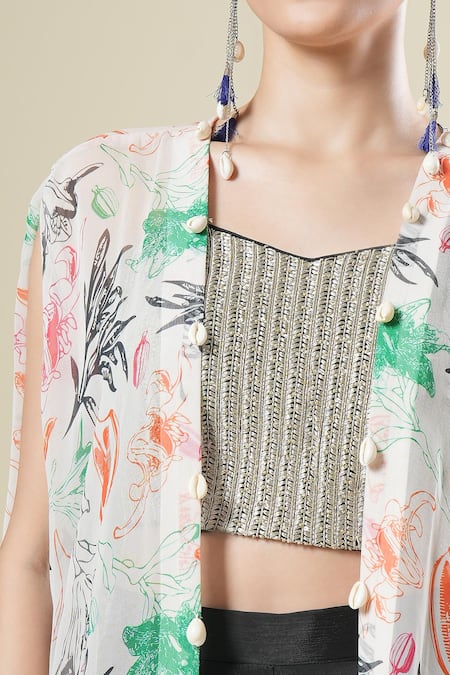 Samyukta Singhania_Black Chiffon, Georgette Embroidery Round , Open Cape And Palazzo Set _Online_at_Aza_Fashions