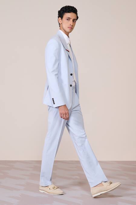 S&N By Shantnu Nikhil_Blue Linen Embroidery Light Minimalist Blazer_Online_at_Aza_Fashions