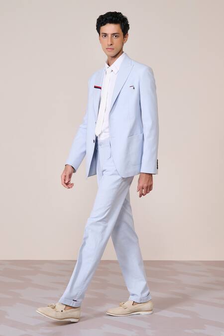 Buy_S&N By Shantnu Nikhil_Blue Linen Embroidery Light Minimalist Blazer_Online_at_Aza_Fashions
