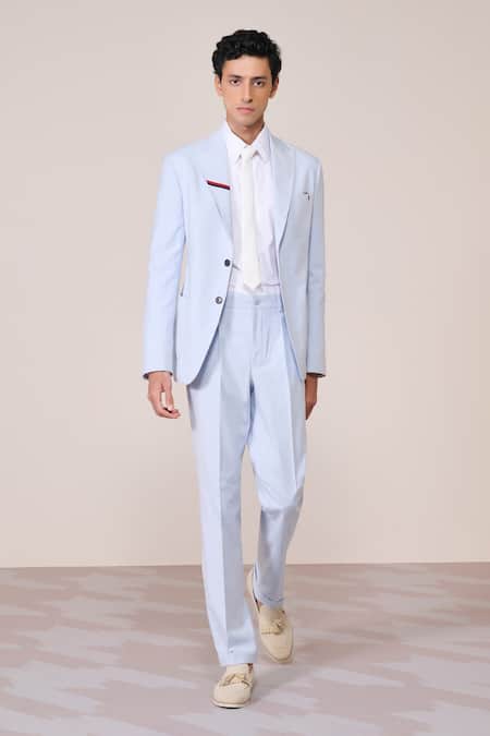 S & N By Shantnu Nikhil Light Blue Minimalist Linen Blazer 