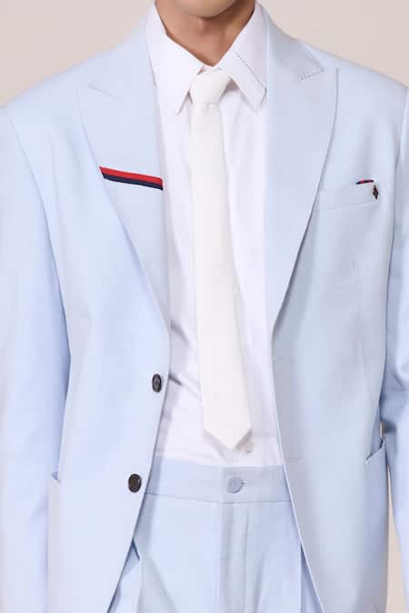 Shop_S&N By Shantnu Nikhil_Blue Linen Embroidery Light Minimalist Blazer_Online_at_Aza_Fashions