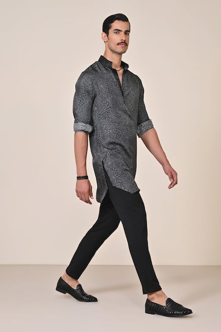 S&N By Shantnu Nikhil_Gray Silk, Twill Crystals Grey Leopard Print Kurta_Online_at_Aza_Fashions