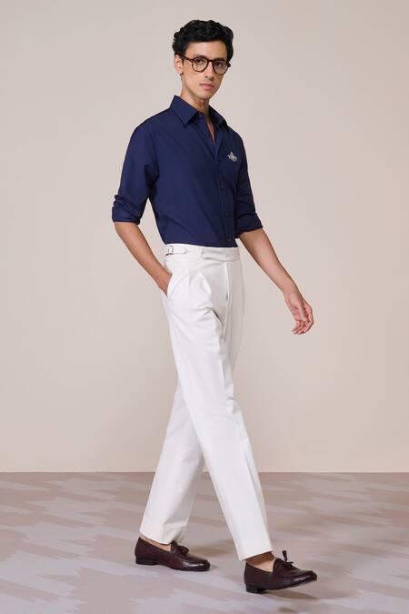 S&N By Shantnu Nikhil_Navy Viscose Embroidery Crest Shirt_Online_at_Aza_Fashions