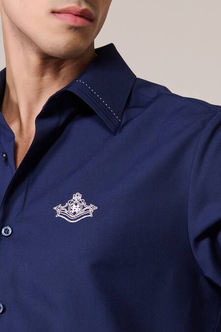 Buy_S&N By Shantnu Nikhil_Navy Viscose Embroidery Crest Shirt_Online_at_Aza_Fashions