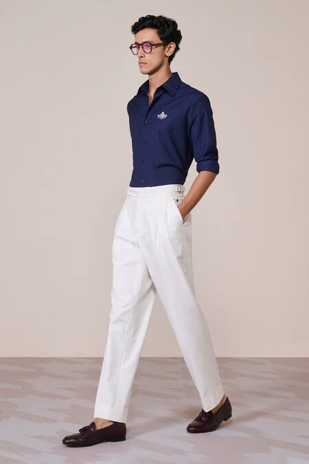 Shop_S&N By Shantnu Nikhil_Navy Viscose Embroidery Crest Shirt_Online_at_Aza_Fashions