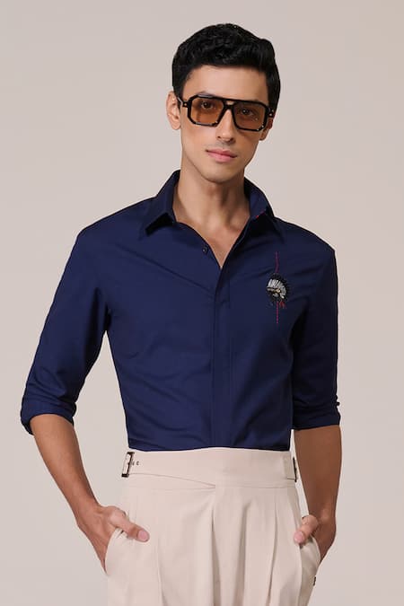 Buy_S&N By Shantnu Nikhil_Navy Viscose Embroidery Slim-fit Shirt_Online_at_Aza_Fashions