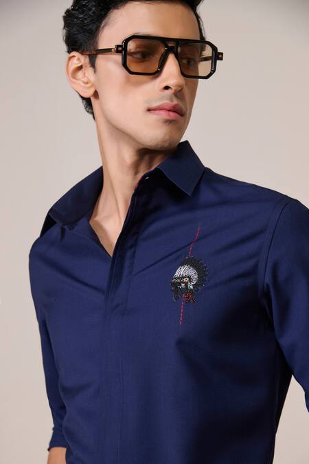 S&N By Shantnu Nikhil_Navy Viscose Embroidery Slim-fit Shirt_at_Aza_Fashions