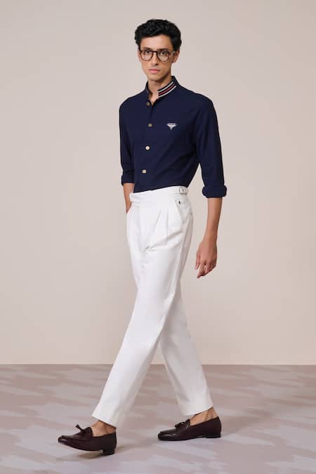 S&N By Shantnu Nikhil_Navy Cotton Embroidery Nehru Collar Shirt_Online_at_Aza_Fashions