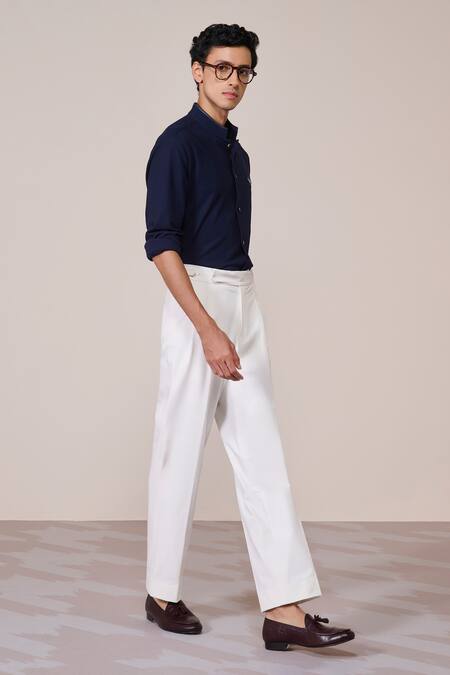 Buy_S&N By Shantnu Nikhil_Navy Cotton Embroidery Nehru Collar Shirt_Online_at_Aza_Fashions