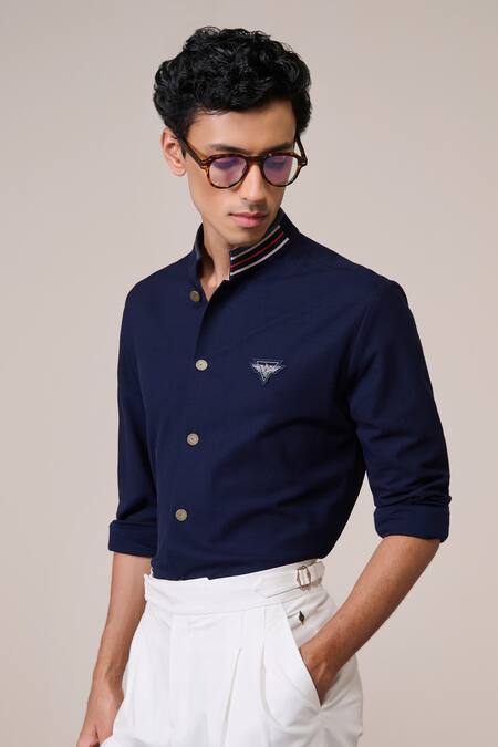 Shop_S&N By Shantnu Nikhil_Navy Cotton Embroidery Nehru Collar Shirt_Online_at_Aza_Fashions