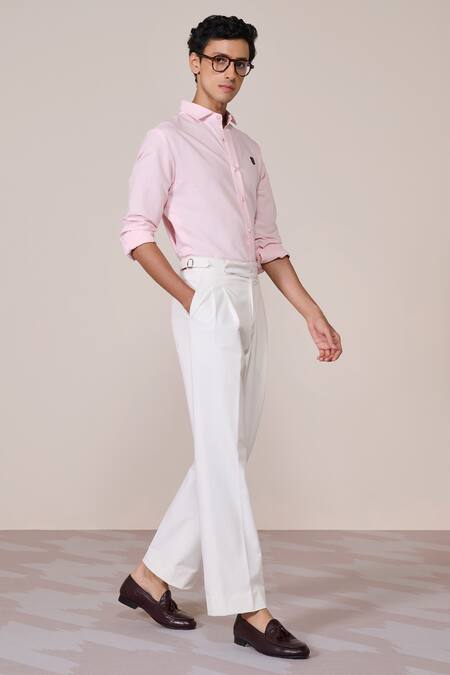 S&N By Shantnu Nikhil_Pink Cotton Embroidery Classic Faux Leather Crest Shirt_Online_at_Aza_Fashions