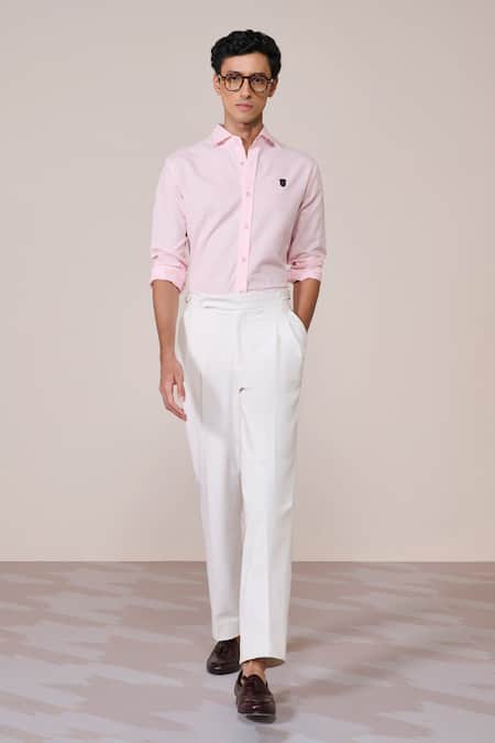 S&N By Shantnu Nikhil Pink Cotton Embroidery Classic Faux Leather Crest Shirt 