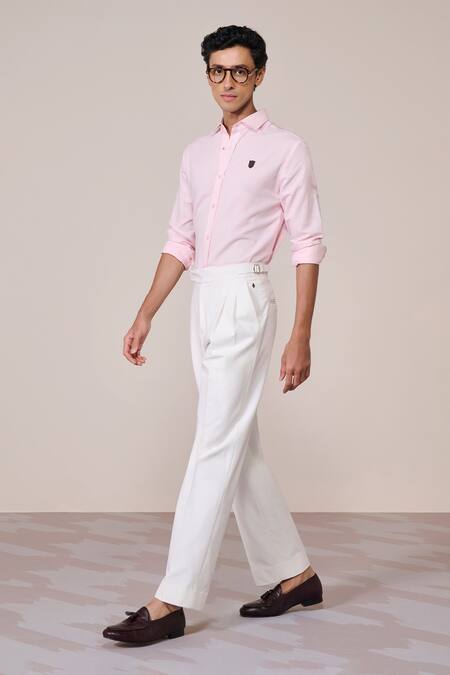 Buy_S&N By Shantnu Nikhil_Pink Cotton Embroidery Classic Faux Leather Crest Shirt_Online_at_Aza_Fashions