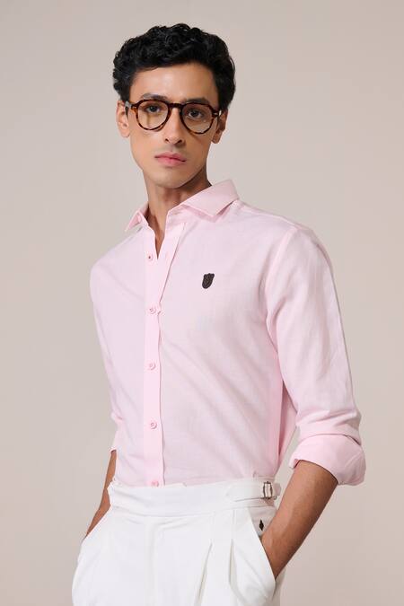 Shop_S&N By Shantnu Nikhil_Pink Cotton Embroidery Classic Faux Leather Crest Shirt_Online_at_Aza_Fashions