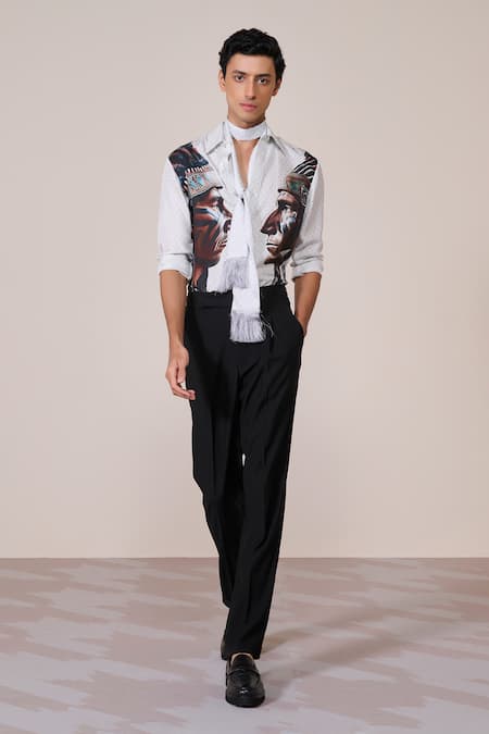 S&N By Shantnu Nikhil Off White Silk, Twill Embroidery Print Shirt 