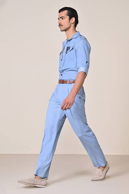 S&N By Shantnu Nikhil_Blue Embroidery Light Denim Utility Shirt_Online_at_Aza_Fashions