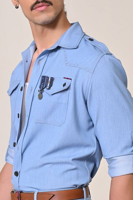 Buy_S&N By Shantnu Nikhil_Blue Embroidery Light Denim Utility Shirt_Online_at_Aza_Fashions