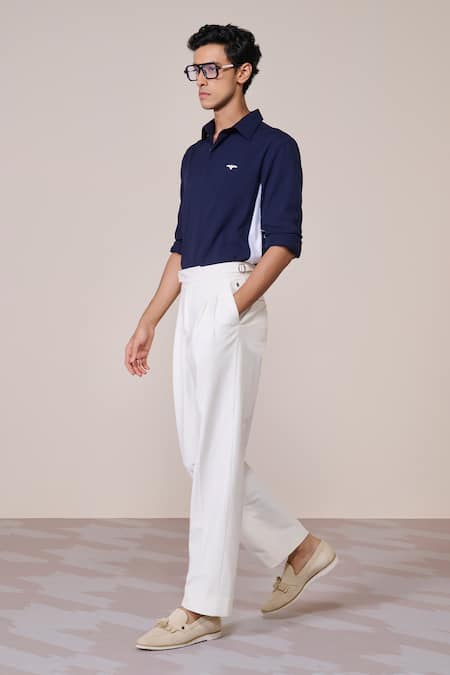 S&N By Shantnu Nikhil Navy Rayon Embroidery Color-block Shirt Online at Aza Fashions S&N By Shantnu Nikhil_Navy Rayon Embroidery Color-block Shirt_Online_at_Aza_Fashions