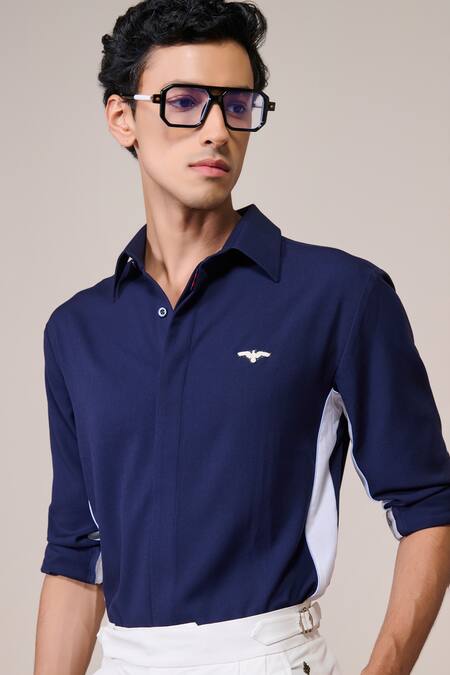 Shop S&N By Shantnu Nikhil Navy Rayon Embroidery Color-block Shirt Online at Aza Fashions Shop_S&N By Shantnu Nikhil_Navy Rayon Embroidery Color-block Shirt_Online_at_Aza_Fashions