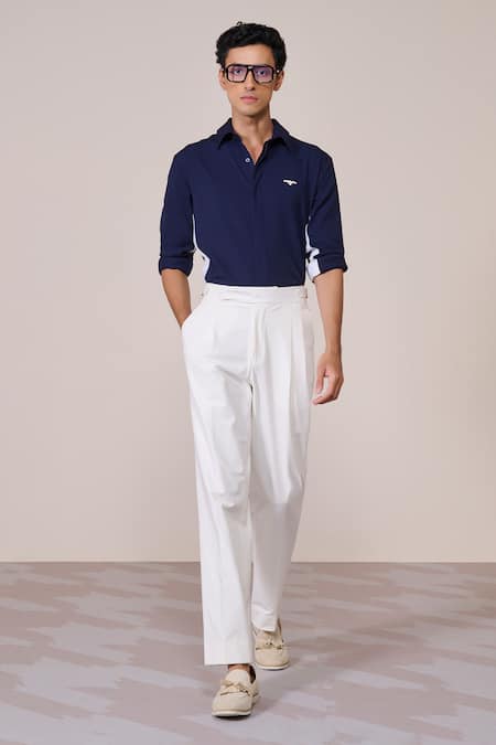 S&N By Shantnu Nikhil Navy Rayon Embroidery Color-block Shirt 