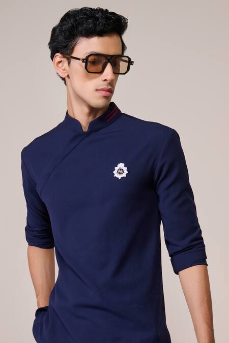 S&N By Shantnu Nikhil_Navy Rayon Embroidery Designer T-shirt_Online_at_Aza_Fashions