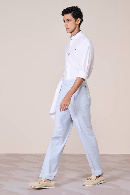 S&N By Shantnu Nikhil_Off White Bamboo Embroidery Designer Shirt With Faux Leather Collar_Online_at_Aza_Fashions