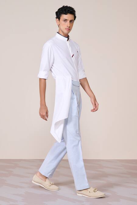 Buy_S&N By Shantnu Nikhil_Off White Bamboo Embroidery Designer Shirt With Faux Leather Collar_Online_at_Aza_Fashions