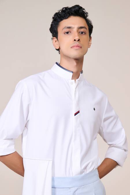 Shop_S&N By Shantnu Nikhil_Off White Bamboo Embroidery Designer Shirt With Faux Leather Collar_Online_at_Aza_Fashions